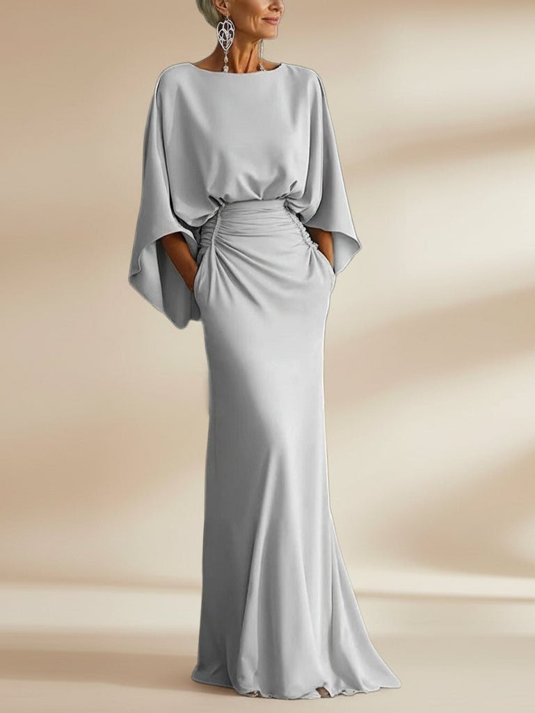 Women's Elegant Backless Pleated Batwing Sleeve Maxi Dress — Silver Mermaid Gown - Courbe et Compagnie
