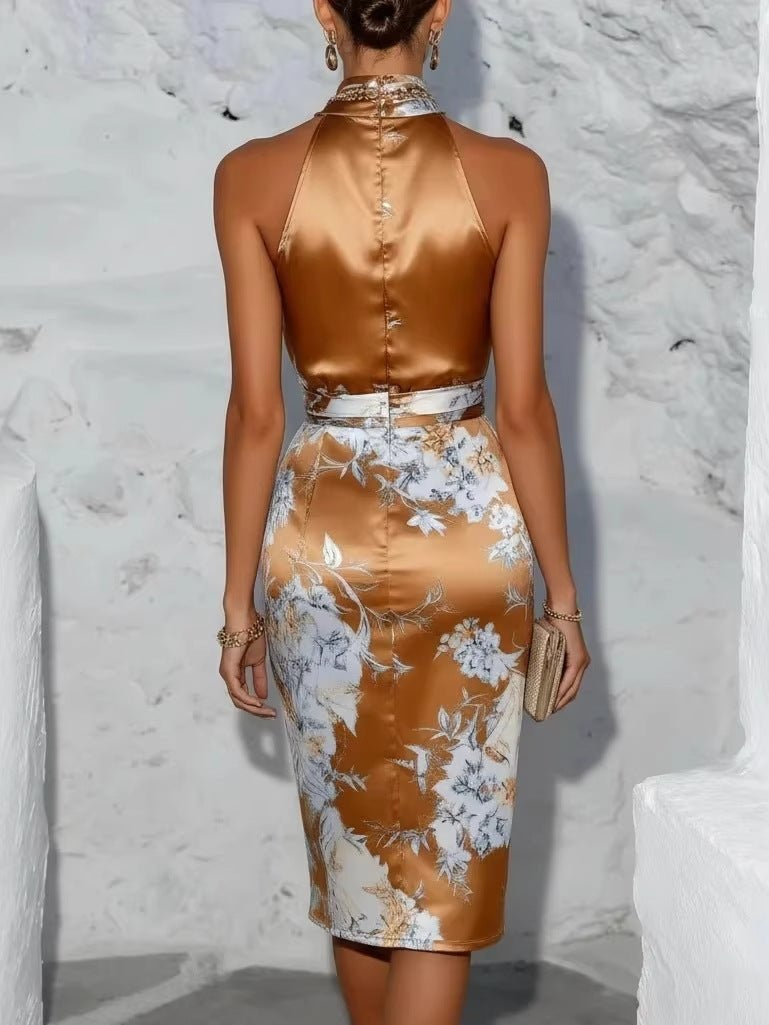 Women's Elegant Chiffon Print Halter Neck Dress — Formal Evening Gown - Courbe et Compagnie
