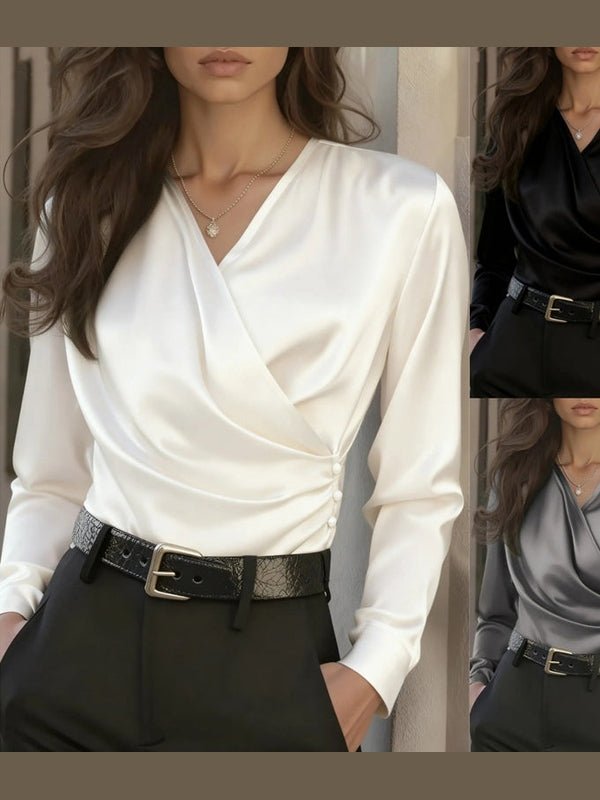 Women's Elegant Cross V-Neck Blouse, Ruffle Detail Button Accent Office Shirt - Courbe et Compagnie