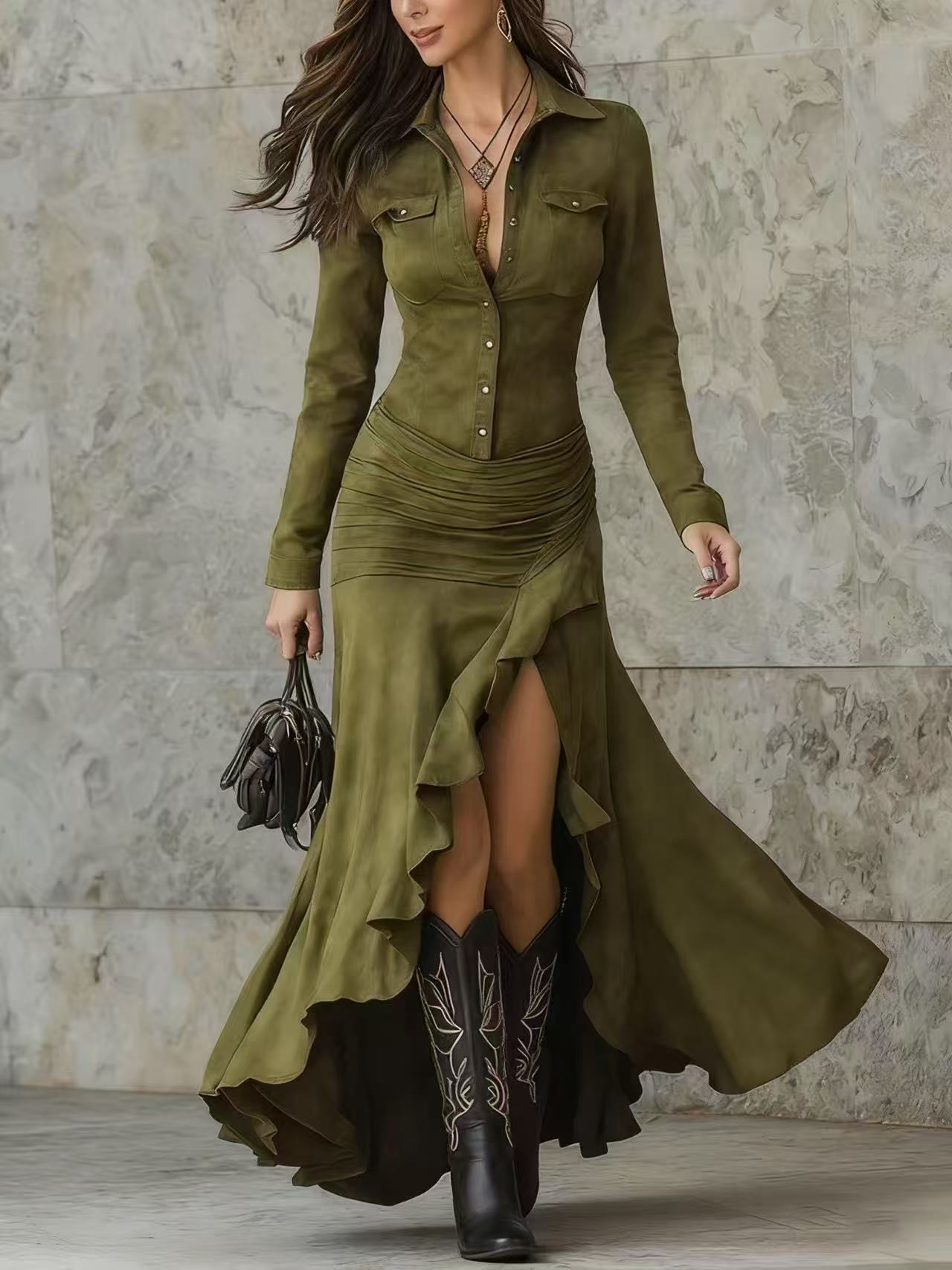 Women's Elegant Zipper Stand Collar Slit Slim-Fit Long Dress — Mermaid Maxi - Courbe et Compagnie