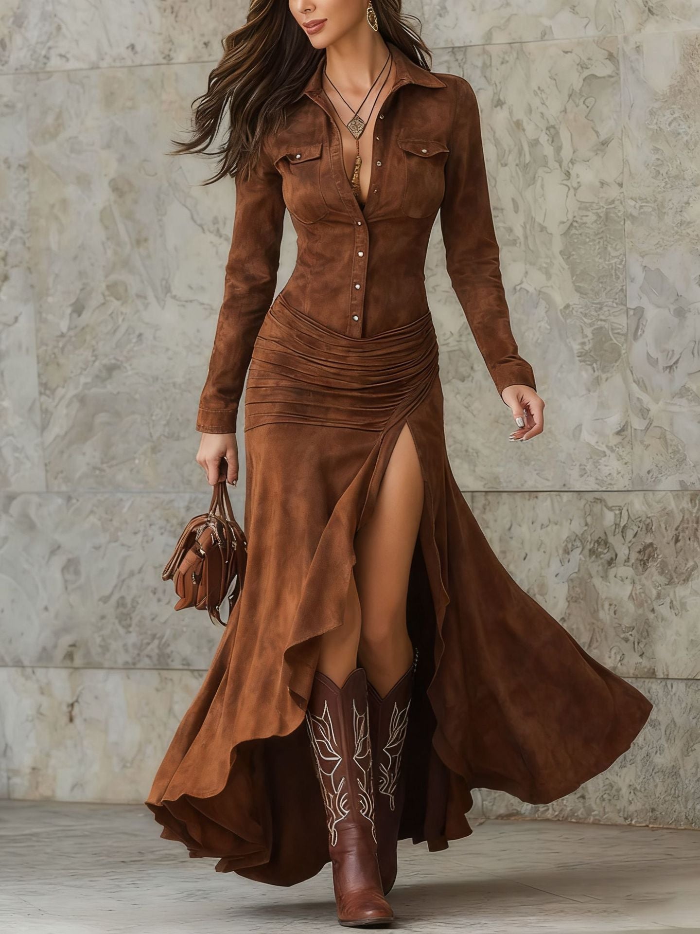 Women's Elegant Zipper Stand Collar Slit Slim-Fit Long Dress — Mermaid Maxi - Courbe et Compagnie