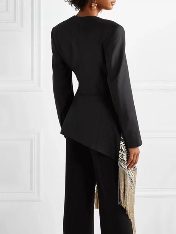Women's Embroidered Jacquard Blazer with Tassel Hem - Professional Office Wear - Courbe et Compagnie