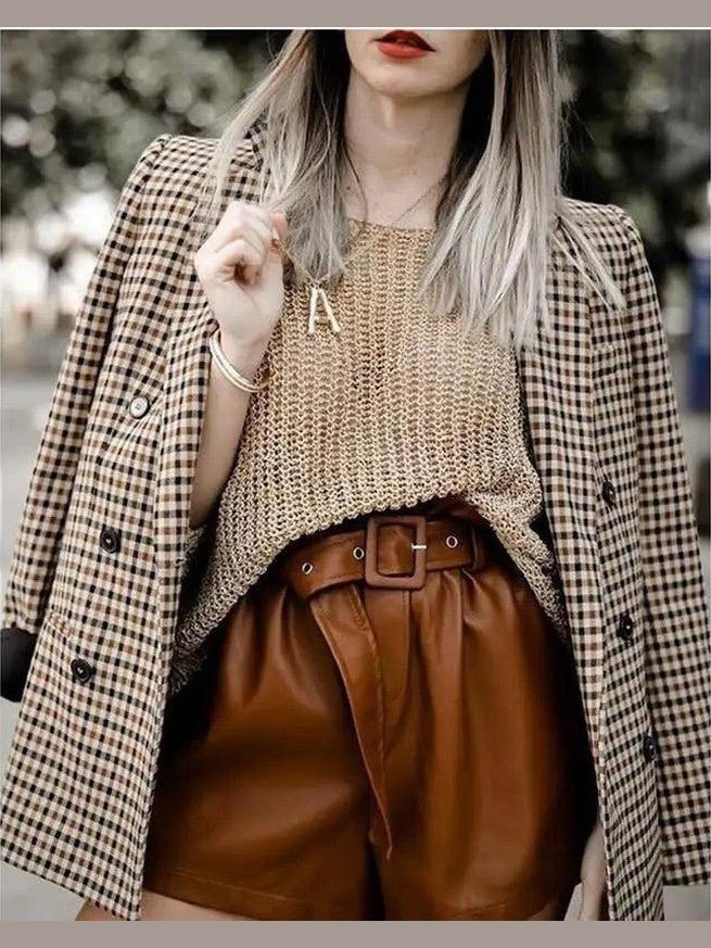 Women's Fashionable Office Wear Double Breasted Plaid Blazer Coat Vintage Long Sleeve Pockets Female Outerwear Chic Tops - Courbe et Compagnie