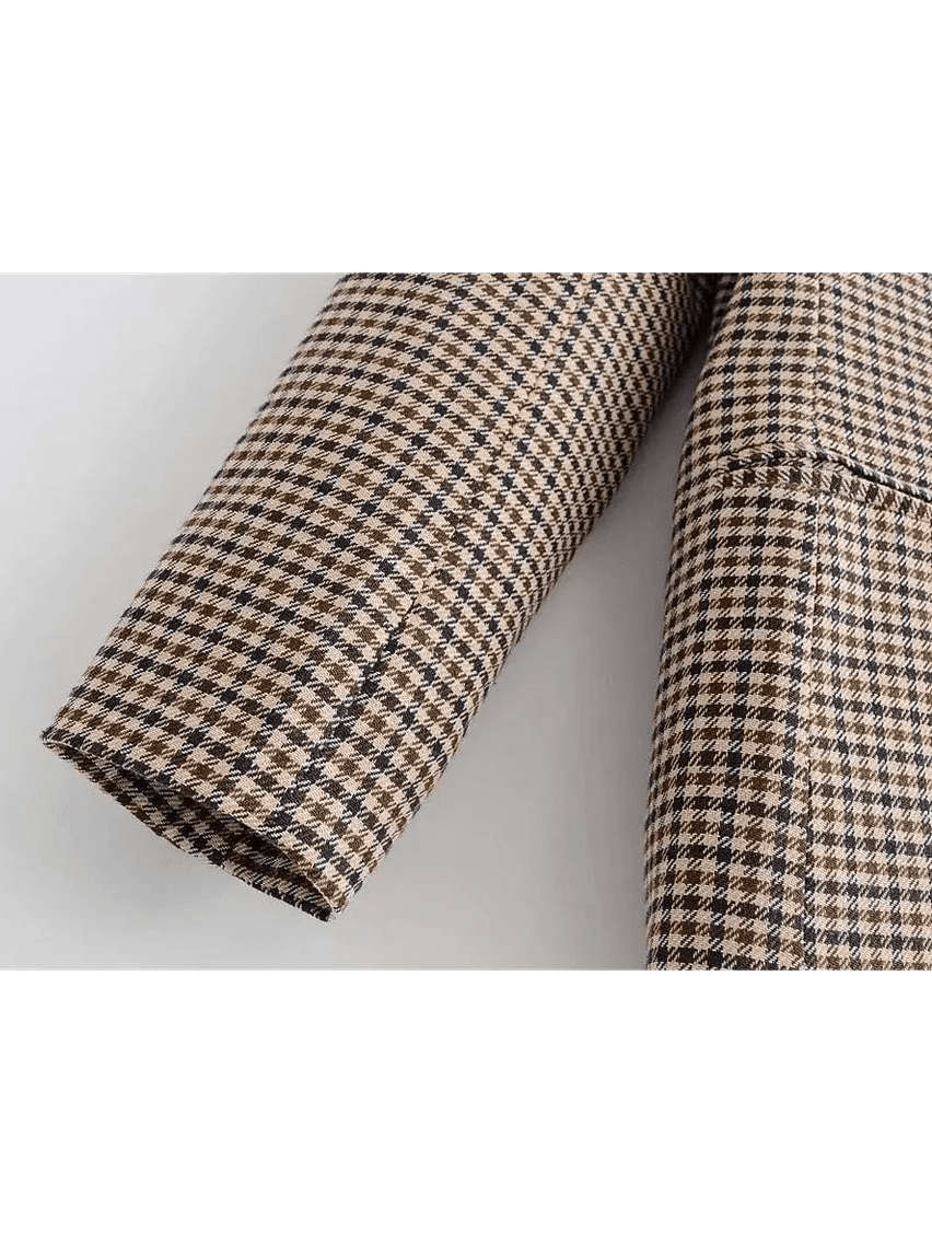 Women's Fashionable Office Wear Double Breasted Plaid Blazer Coat Vintage Long Sleeve Pockets Female Outerwear Chic Tops - Courbe et Compagnie