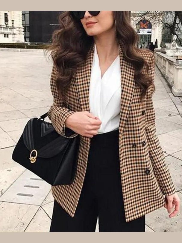 Women's Fashionable Office Wear Double Breasted Plaid Blazer Coat Vintage Long Sleeve Pockets Female Outerwear Chic Tops - Courbe et Compagnie