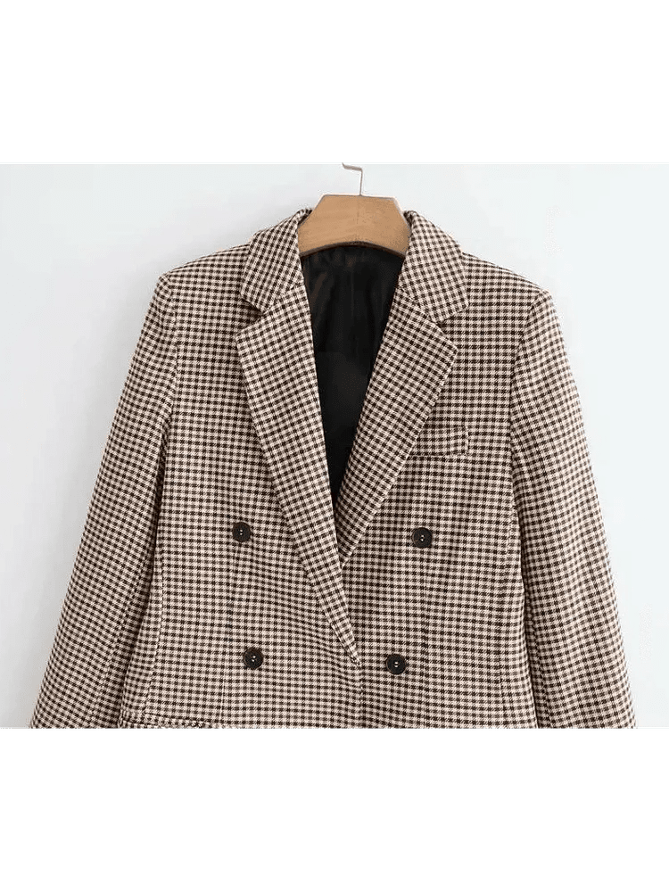 Women's Fashionable Office Wear Double Breasted Plaid Blazer Coat Vintage Long Sleeve Pockets Female Outerwear Chic Tops - Courbe et Compagnie