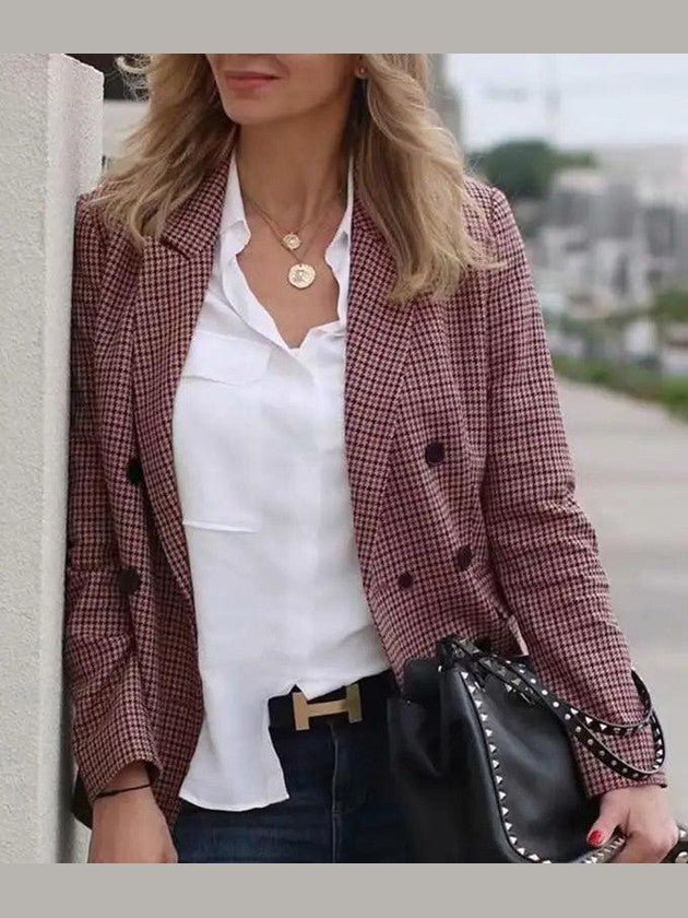 Women's Fashionable Office Wear Double Breasted Plaid Blazer Coat Vintage Long Sleeve Pockets Female Outerwear Chic Tops - Courbe et Compagnie
