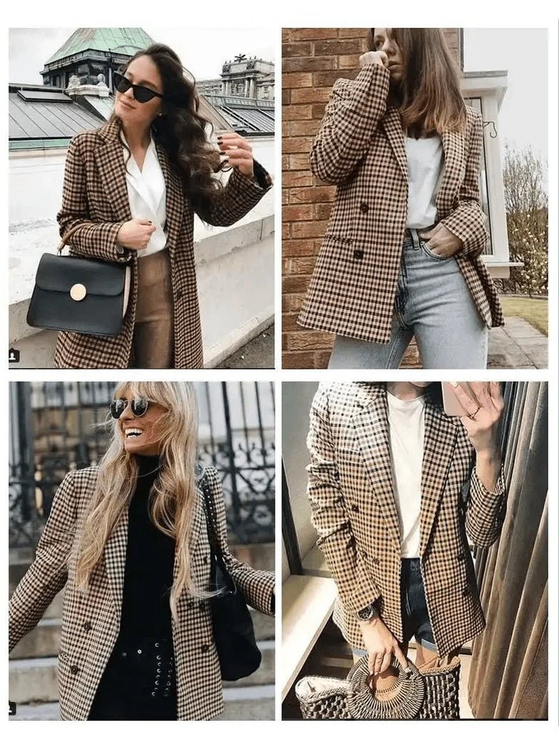 Women's Fashionable Office Wear Double Breasted Plaid Blazer Coat Vintage Long Sleeve Pockets Female Outerwear Chic Tops - Courbe et Compagnie