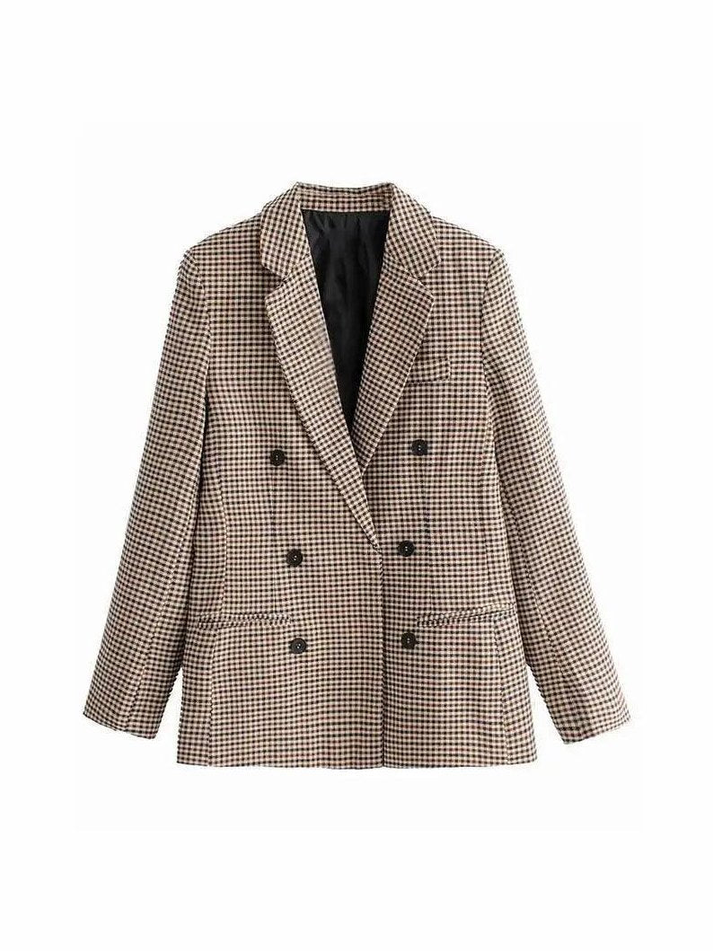 Women's Fashionable Office Wear Double Breasted Plaid Blazer Coat Vintage Long Sleeve Pockets Female Outerwear Chic Tops - Courbe et Compagnie