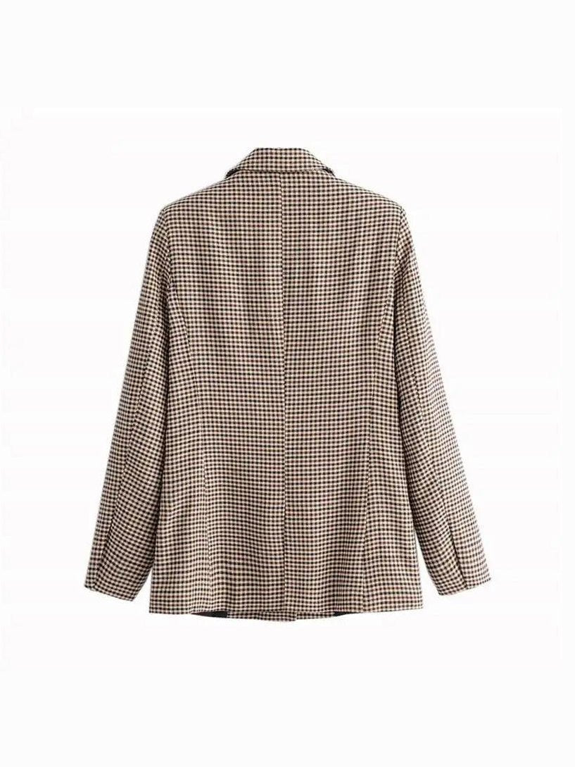 Women's Fashionable Office Wear Double Breasted Plaid Blazer Coat Vintage Long Sleeve Pockets Female Outerwear Chic Tops - Courbe et Compagnie