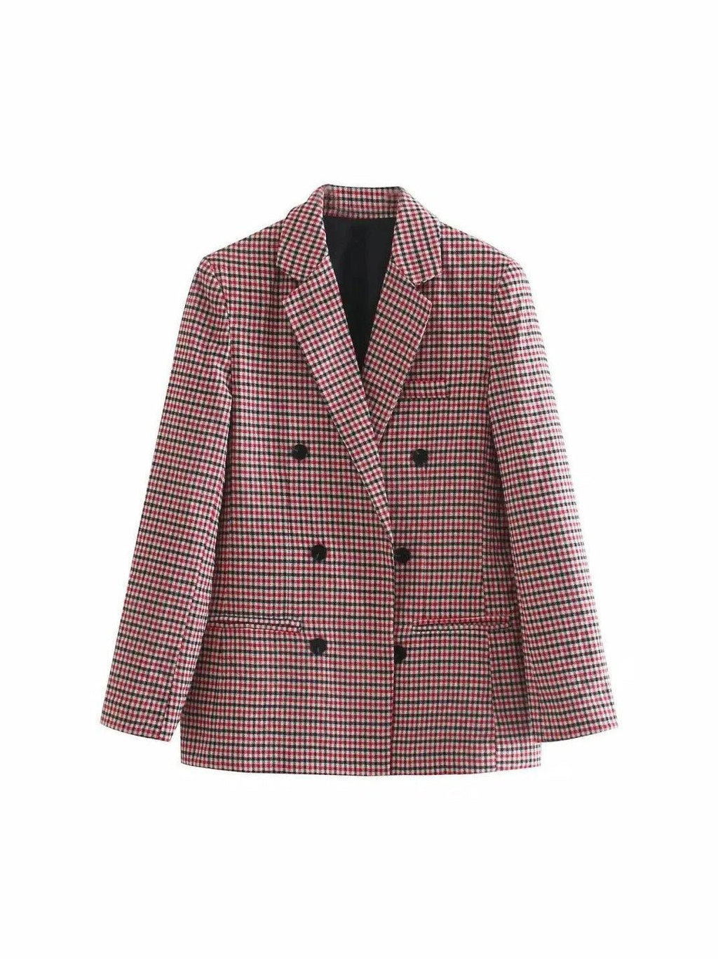 Women's Fashionable Office Wear Double Breasted Plaid Blazer Coat Vintage Long Sleeve Pockets Female Outerwear Chic Tops - Courbe et Compagnie