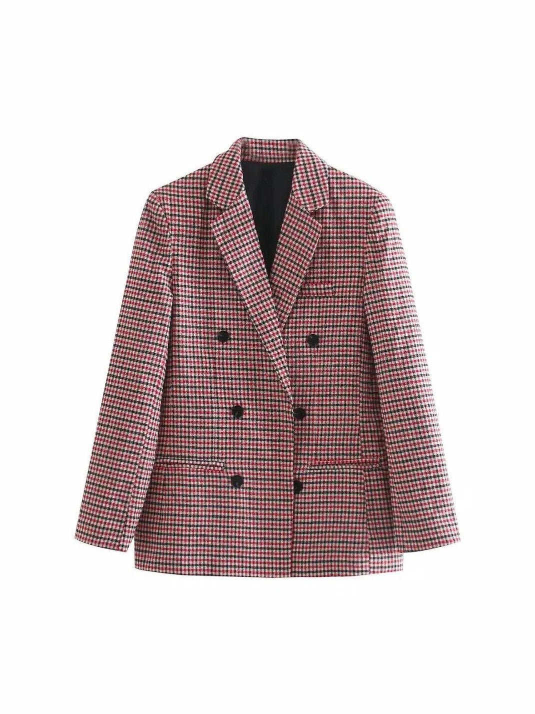 Women's Fashionable Office Wear Double Breasted Plaid Blazer Coat Vintage Long Sleeve Pockets Female Outerwear Chic Tops - Courbe et Compagnie