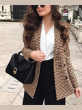 Women's Fashionable Office Wear Double Breasted Plaid Blazer Coat Vintage Long Sleeve Pockets Female Outerwear Chic Tops - Courbe et Compagnie