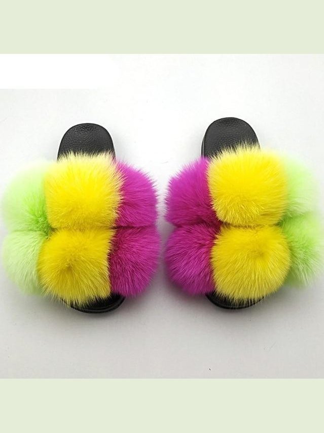 Women's Faux Fur Fluffy Slides — Open Toe Flat Sandals, Indoor & Outdoor - Courbe et Compagnie