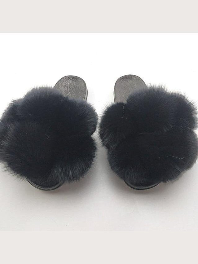 Women's Faux Fur Fluffy Slides — Open Toe Flat Sandals, Indoor & Outdoor - Courbe et Compagnie