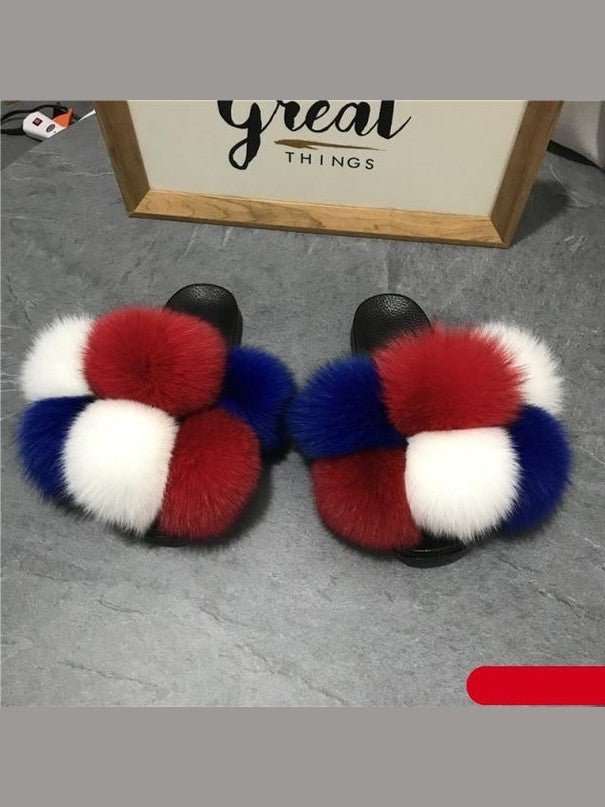 Women's Faux Fur Fluffy Slides — Open Toe Flat Sandals, Indoor & Outdoor - Courbe et Compagnie