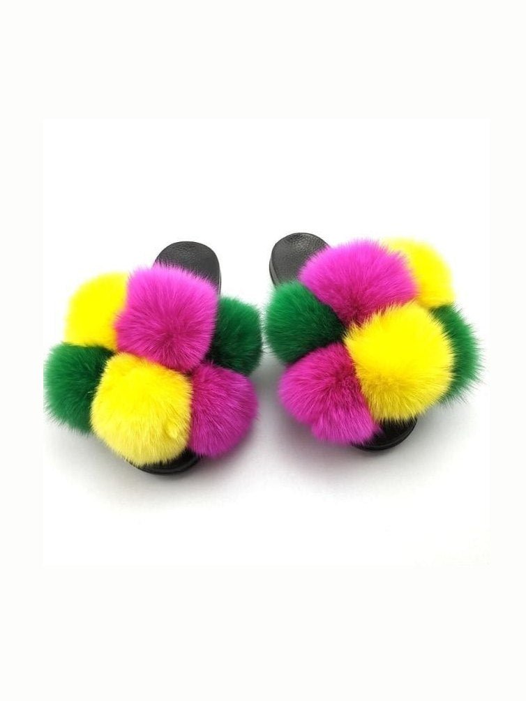 Women's Faux Fur Fluffy Slides — Open Toe Flat Sandals, Indoor & Outdoor - Courbe et Compagnie