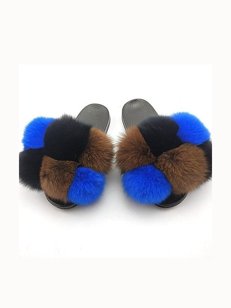 Women's Faux Fur Fluffy Slides — Open Toe Flat Sandals, Indoor & Outdoor - Courbe et Compagnie