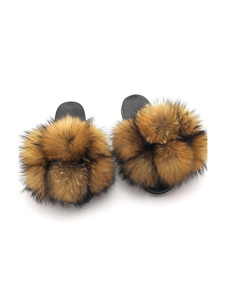 Women's Faux Fur Fluffy Slides — Open Toe Flat Sandals, Indoor & Outdoor - Courbe et Compagnie