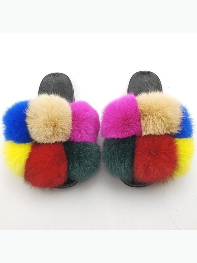 Women's Faux Fur Fluffy Slides — Open Toe Flat Sandals, Indoor & Outdoor - Courbe et Compagnie