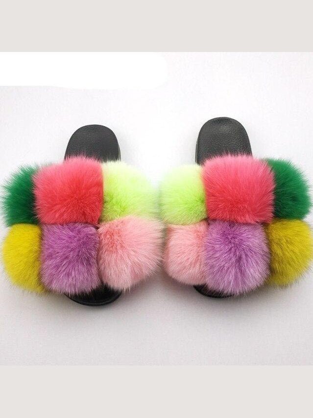 Women's Faux Fur Fluffy Slides — Open Toe Flat Sandals, Indoor & Outdoor - Courbe et Compagnie