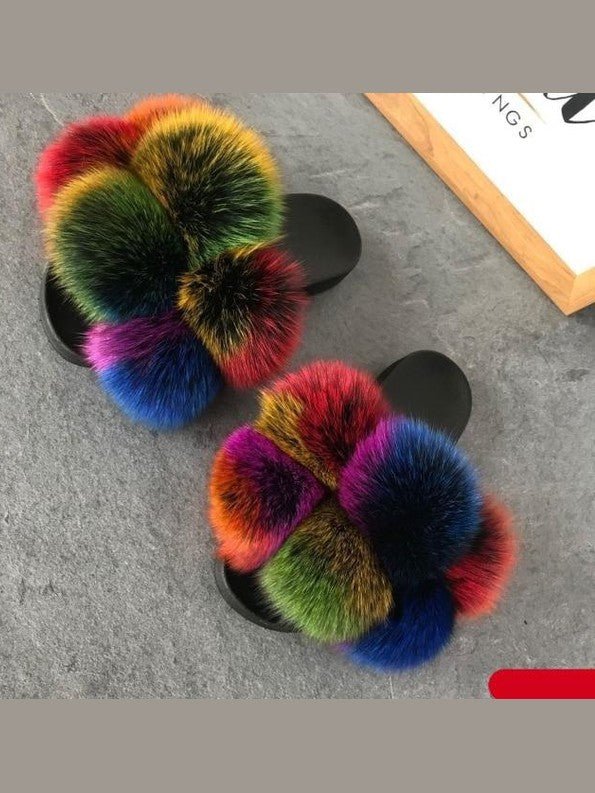 Women's Faux Fur Fluffy Slides — Open Toe Flat Sandals, Indoor & Outdoor - Courbe et Compagnie