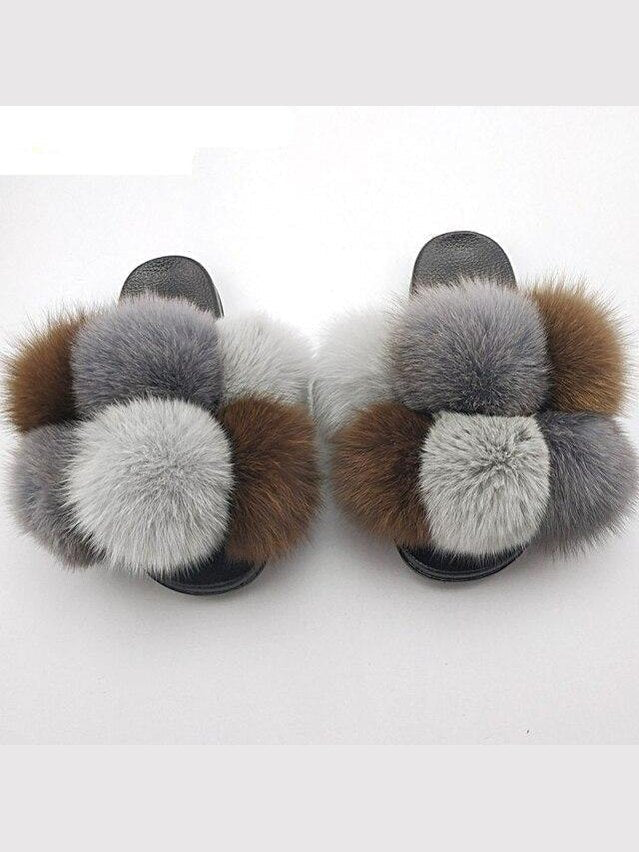 Women's Faux Fur Fluffy Slides — Open Toe Flat Sandals, Indoor & Outdoor - Courbe et Compagnie
