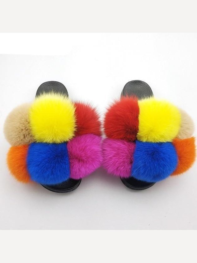 Women's Faux Fur Fluffy Slides — Open Toe Flat Sandals, Indoor & Outdoor - Courbe et Compagnie