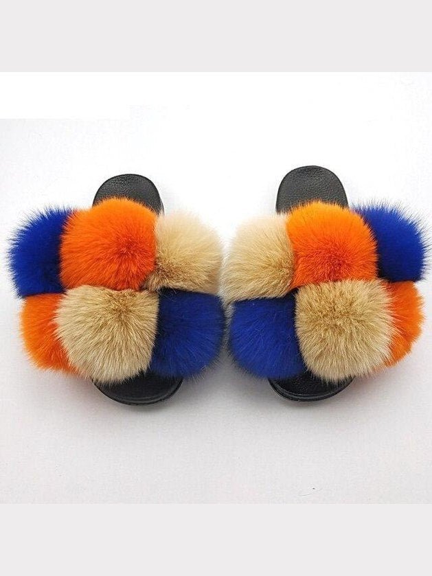 Women's Faux Fur Fluffy Slides — Open Toe Flat Sandals, Indoor & Outdoor - Courbe et Compagnie