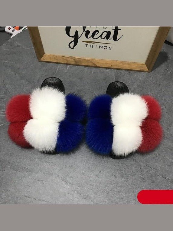 Women's Faux Fur Fluffy Slides — Open Toe Flat Sandals, Indoor & Outdoor - Courbe et Compagnie