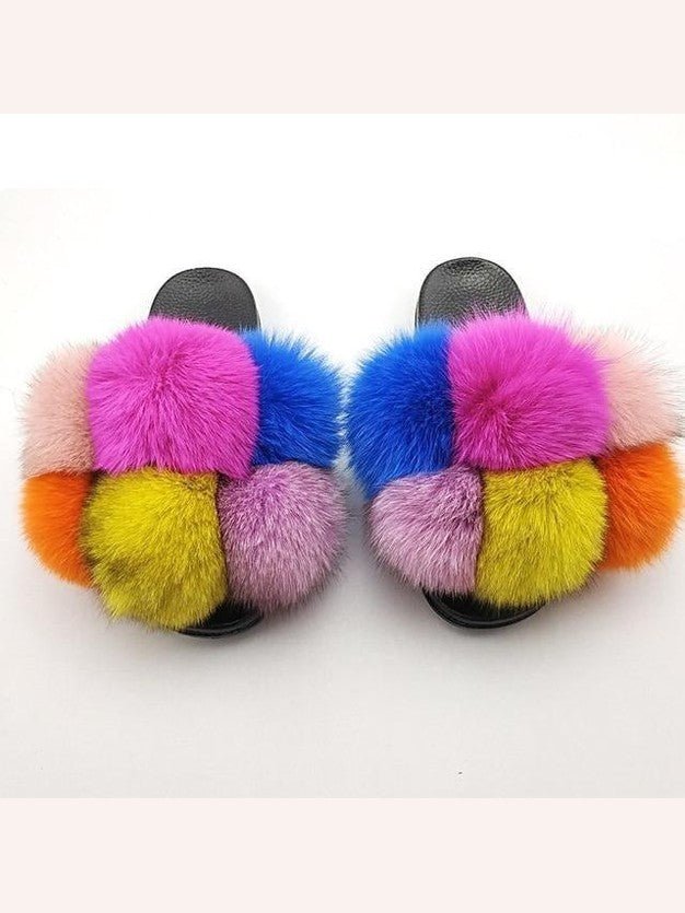 Women's Faux Fur Fluffy Slides — Open Toe Flat Sandals, Indoor & Outdoor - Courbe et Compagnie