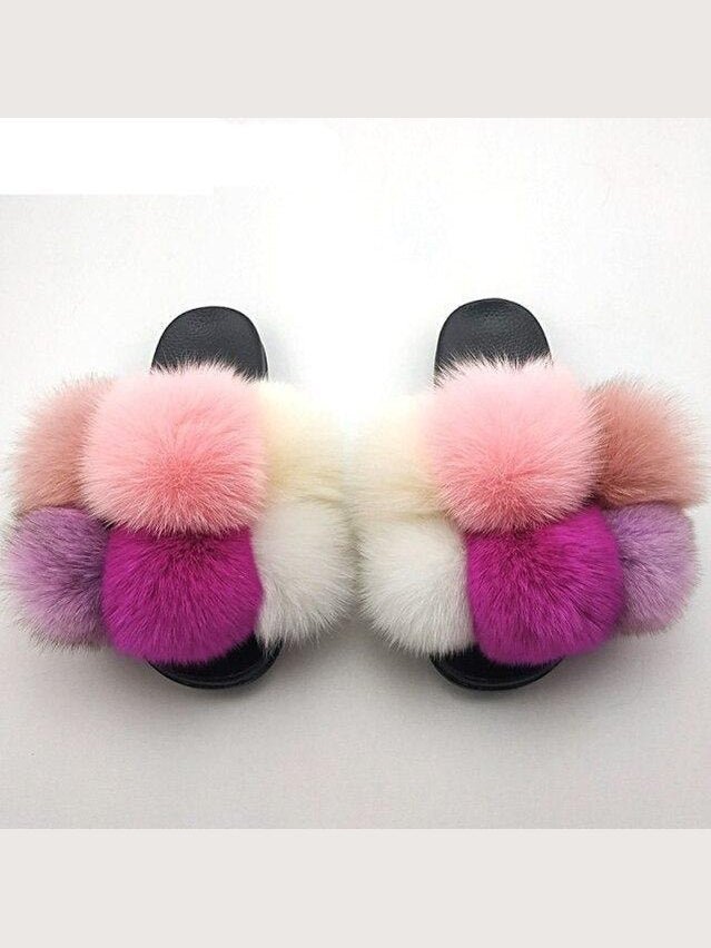 Women's Faux Fur Fluffy Slides — Open Toe Flat Sandals, Indoor & Outdoor - Courbe et Compagnie