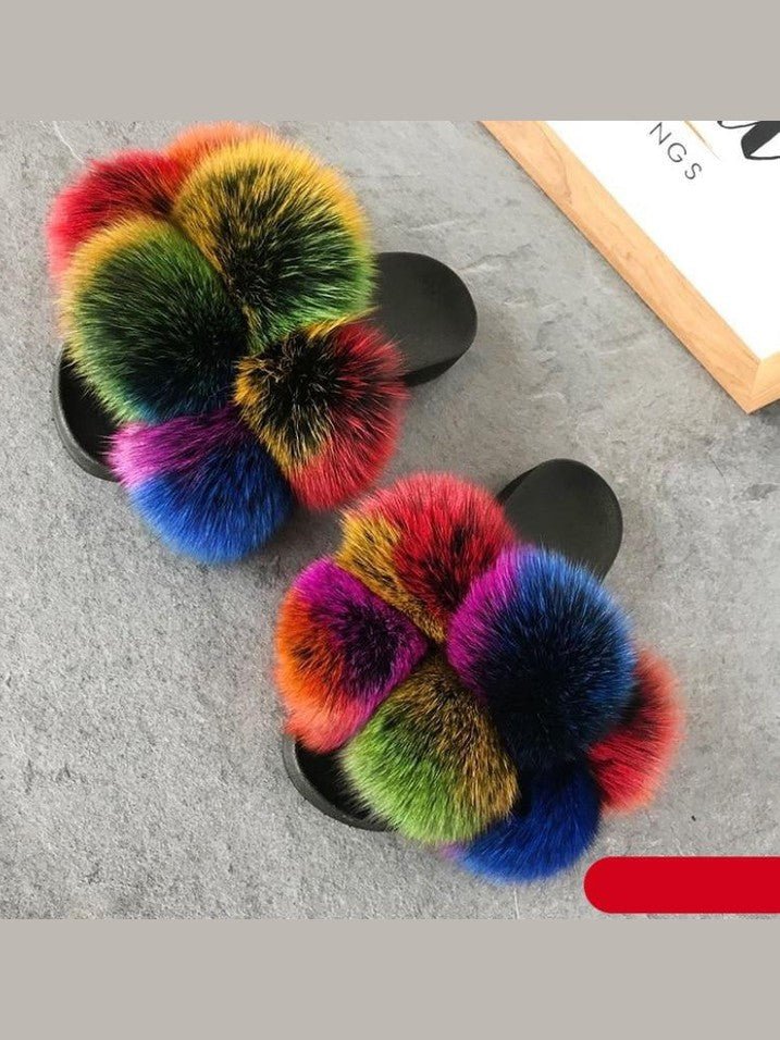 Women's Faux Fur Fluffy Slides — Open Toe Flat Sandals, Indoor & Outdoor - Courbe et Compagnie