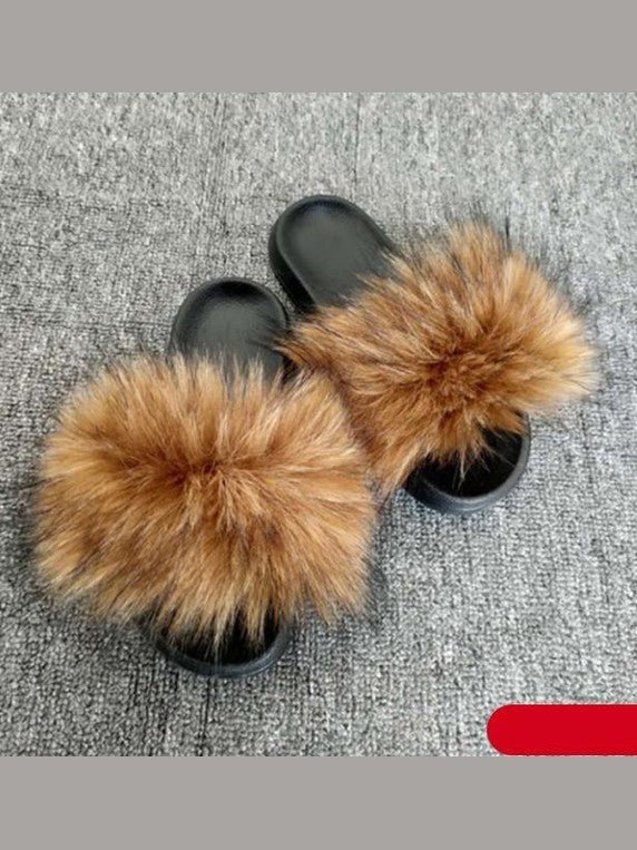 Women's Faux Fur Fluffy Slides — Open Toe Flat Sandals, Indoor & Outdoor - Courbe et Compagnie