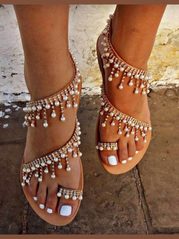 Women's Flat Pearl T-Strap Sandals — Casual Open Toe Summer Shoes - Courbe et Compagnie