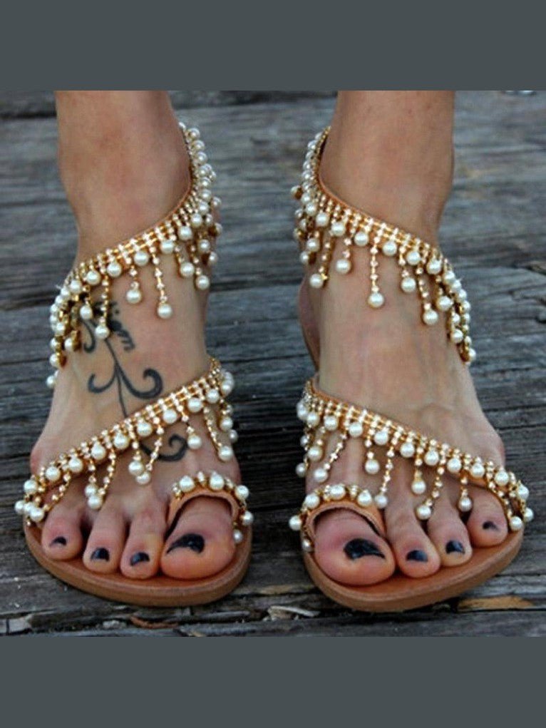 Women's Flat Pearl T-Strap Sandals — Casual Open Toe Summer Shoes - Courbe et Compagnie