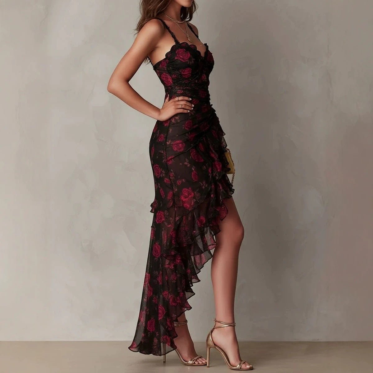 Women's Floral Print Strap Ruffle Hem A-Line Midi Dress — High-Waist Sundress - Courbe et Compagnie
