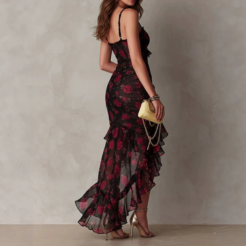 Women's Floral Print Strap Ruffle Hem A-Line Midi Dress — High-Waist Sundress - Courbe et Compagnie