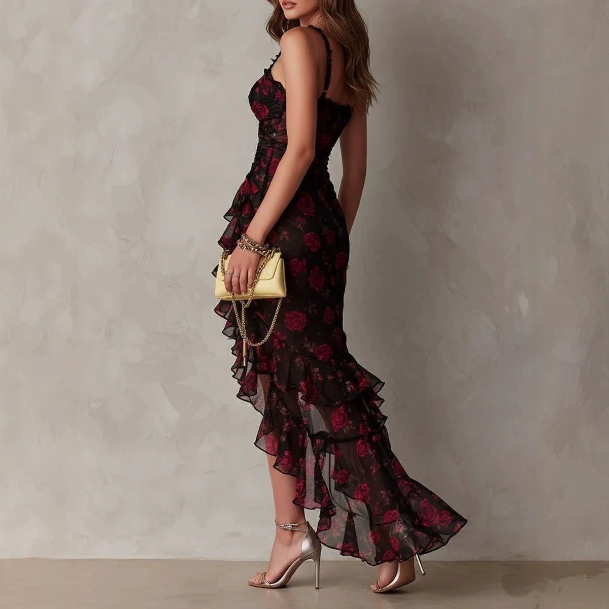 Women's Floral Print Strap Ruffle Hem A-Line Midi Dress — High-Waist Sundress - Courbe et Compagnie