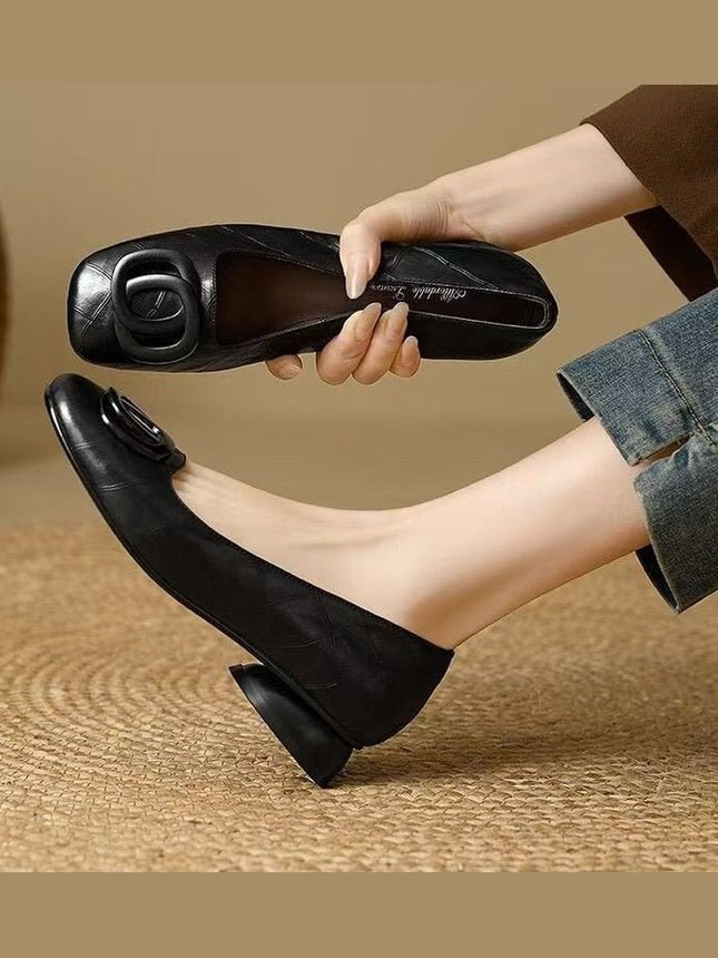 Women's French Vintage Round Toe Slip-On Flats – Low Chunky Heel Mary Jane Style - Courbe et Compagnie