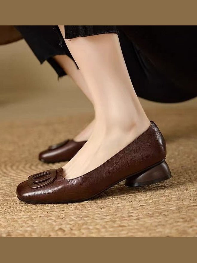 Women's French Vintage Round Toe Slip-On Flats – Low Chunky Heel Mary Jane Style - Courbe et Compagnie