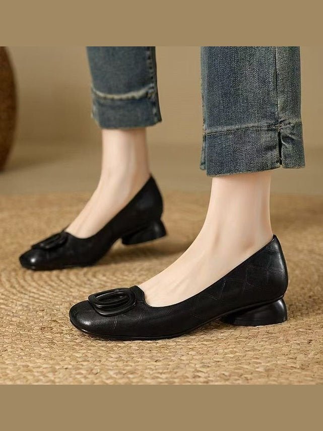 Women's French Vintage Round Toe Slip-On Flats – Low Chunky Heel Mary Jane Style - Courbe et Compagnie