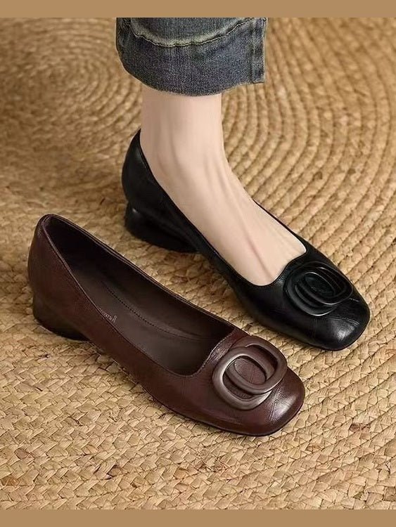 Women's French Vintage Round Toe Slip-On Flats – Low Chunky Heel Mary Jane Style - Courbe et Compagnie