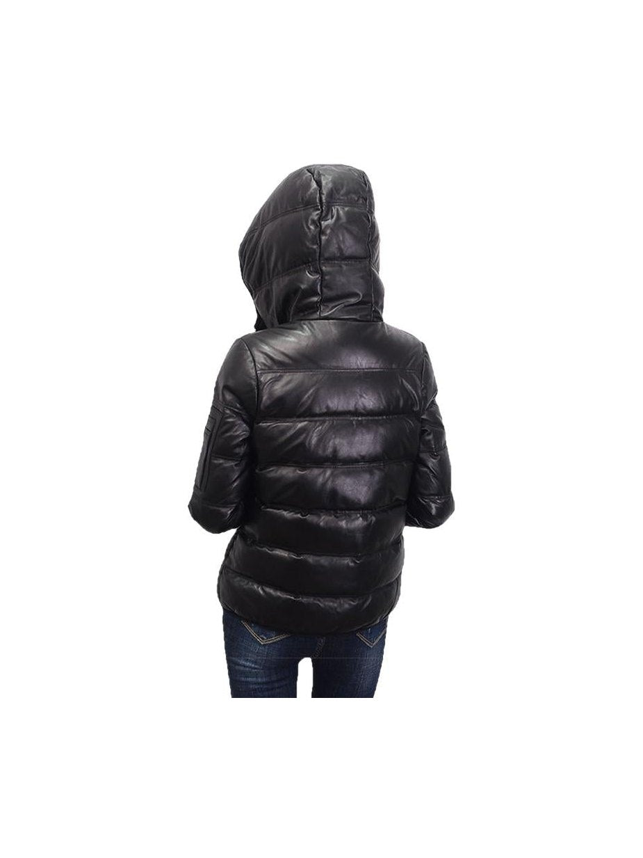Women's Genuine Leather Hooded Puffer Jacket - Courbe et Compagnie