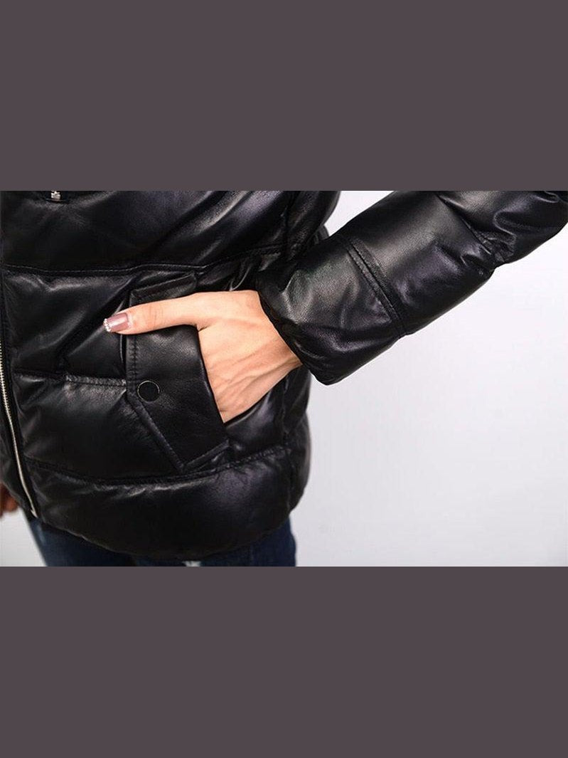 Women's Genuine Leather Hooded Puffer Jacket - Courbe et Compagnie