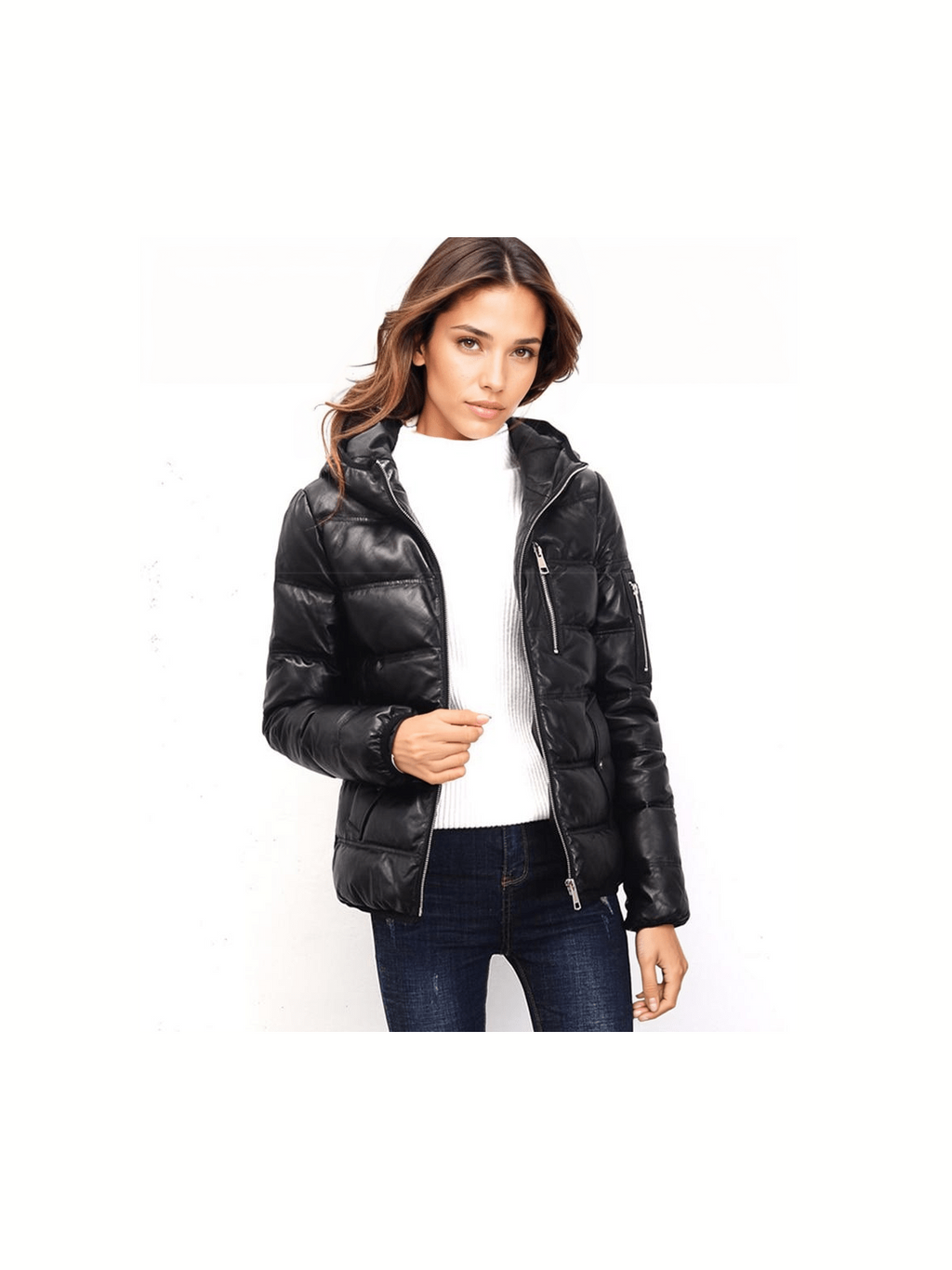 Women's Genuine Leather Hooded Puffer Jacket - Courbe et Compagnie