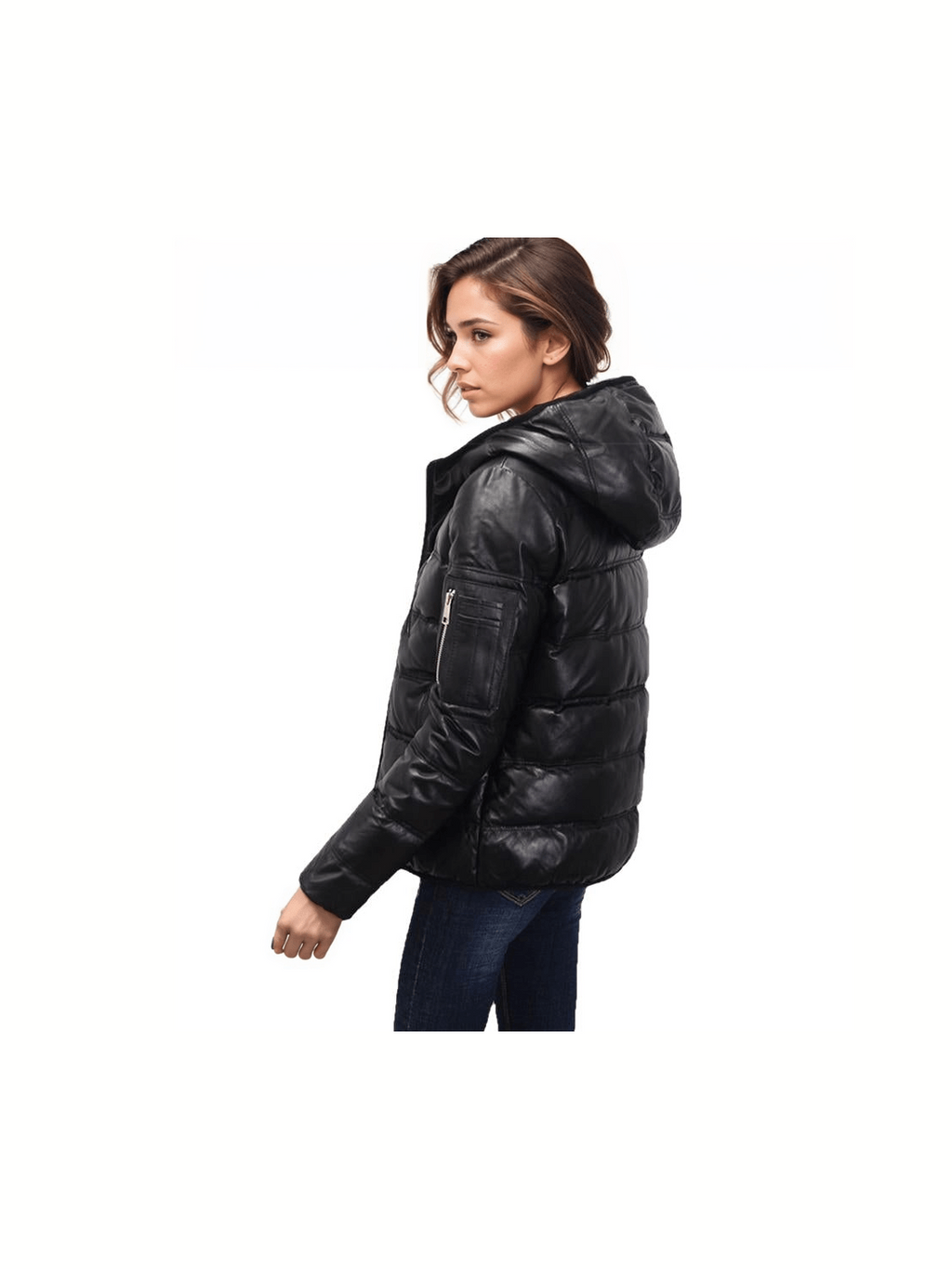 Women's Genuine Leather Hooded Puffer Jacket - Courbe et Compagnie
