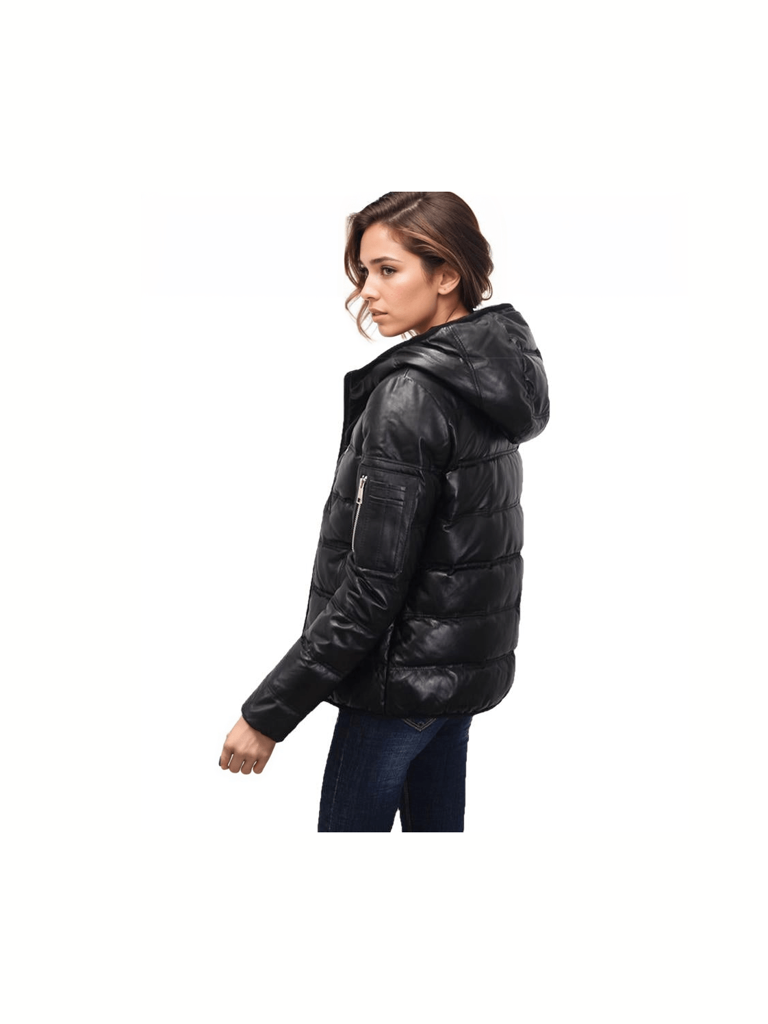 Women's Genuine Leather Hooded Puffer Jacket - Courbe et Compagnie