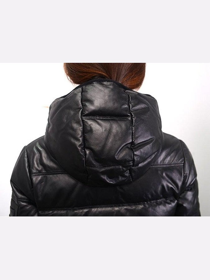 Women's Genuine Leather Hooded Puffer Jacket - Courbe et Compagnie