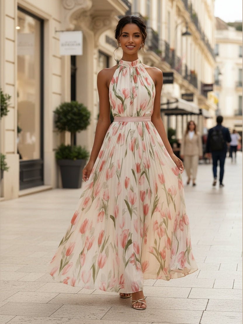 Women's Halterneck High-Waist Swing Dress – Floral & Solid Prints - Courbe et Compagnie
